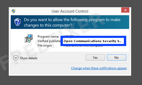 Screenshot where Open Communications Security S.A appears as the verified publisher in the UAC dialog